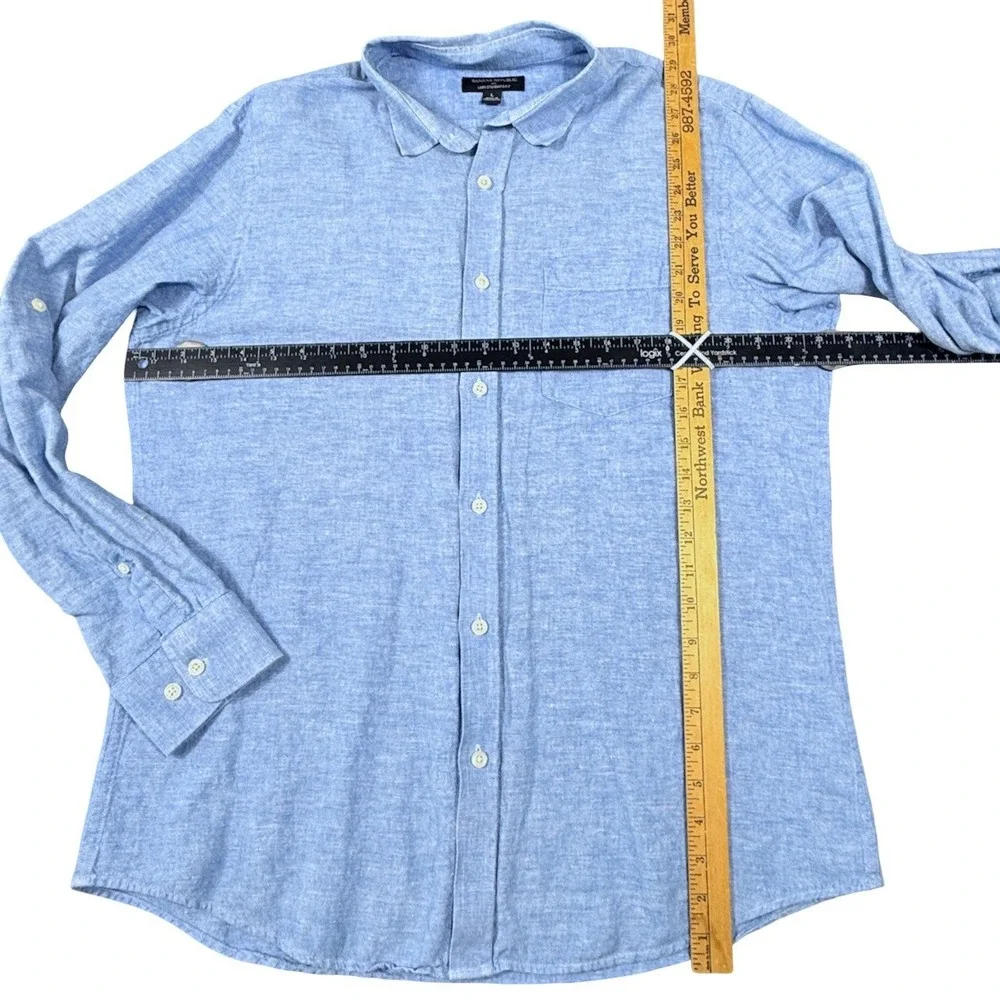 Banana Republic Mens Linen Cotton Shirt L Cascade Blue Chambray Roll Up Sleeve